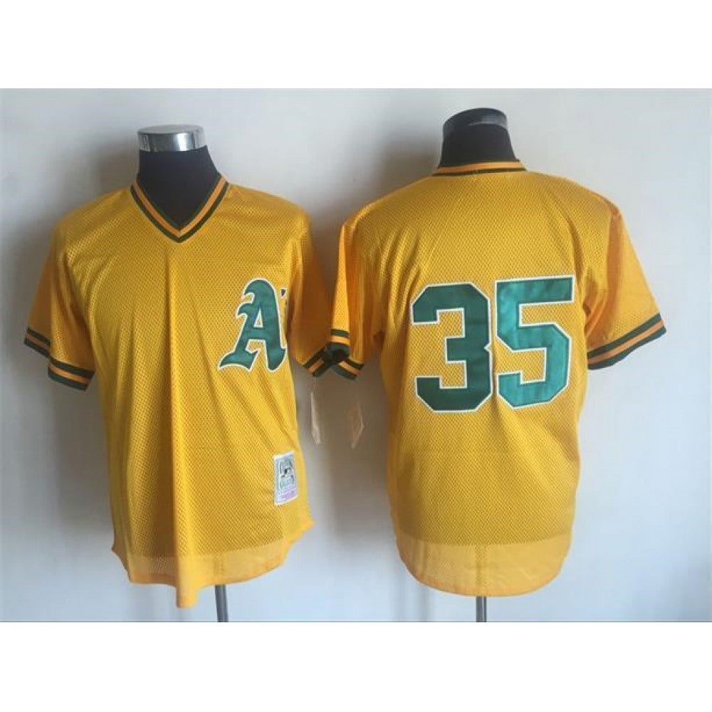 Men's Oakland Athletics #35 Rickey Henderson Mitchell And Ness Yellow 1984 Throwback Stitched MLB Jersey