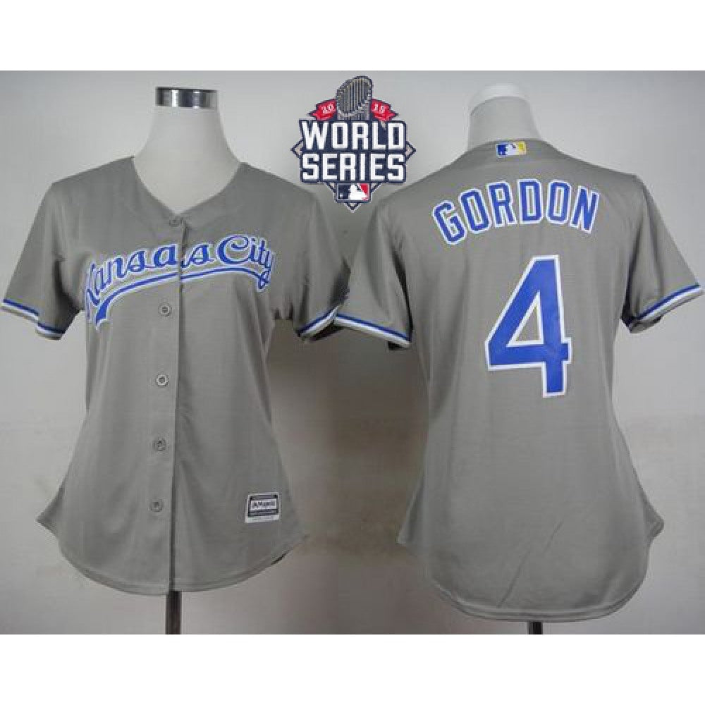 Royals #4 Alex Gordon Grey Road W/2015 World Series Patch Women's Stitched MLB Jersey
