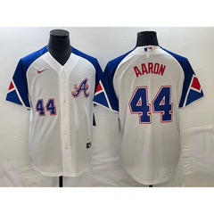 Men's Atlanta Braves #44 Hank Aaron White 2023 City Connect Cool Base With Patch Stitched Baseball Jersey