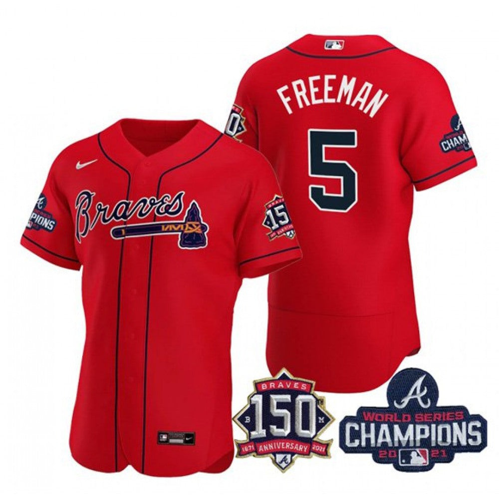Men's Atlanta Braves #5 Freddie Freeman 2021 Red World Series Champions With 150th Anniversary Flex Base Stitched Jersey