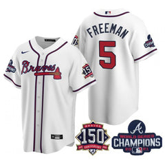 Men's Atlanta Braves #5 Freddie Freeman 2021 White World Series Champions With 150th Anniversary Patch Cool Base Stitched Jersey