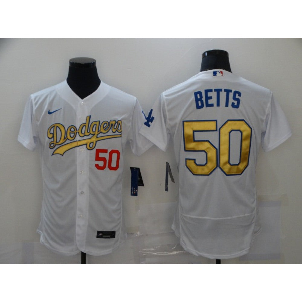 Men's Los Angeles Dodgers #50 Mookie Betts 2021 White Gold Sttiched Jersey