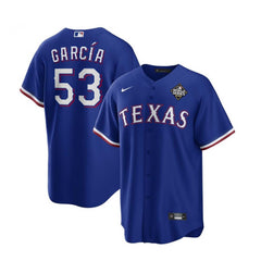 Men's Texas Rangers #53 Adolis Garcia Royal 2023 World Series Stitched Baseball Jersey