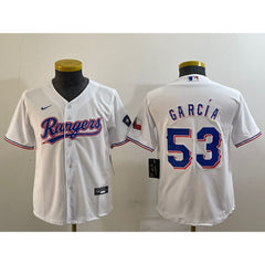 Youth Texas Rangers #53 Adolis Garcia White With Patch Stitched Baseball Jersey