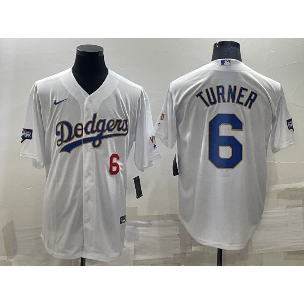 Men's Los Angeles Dodgers #6 Trea Turner White Gold Championship Cool Base Stitched Baseball Jersey