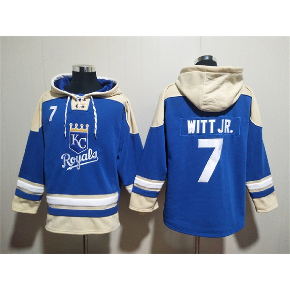 Men's Kansas City Royals #7 Bobby Witt Jr. Blue Ageless Must-Have Lace-Up Pullover Hoodie