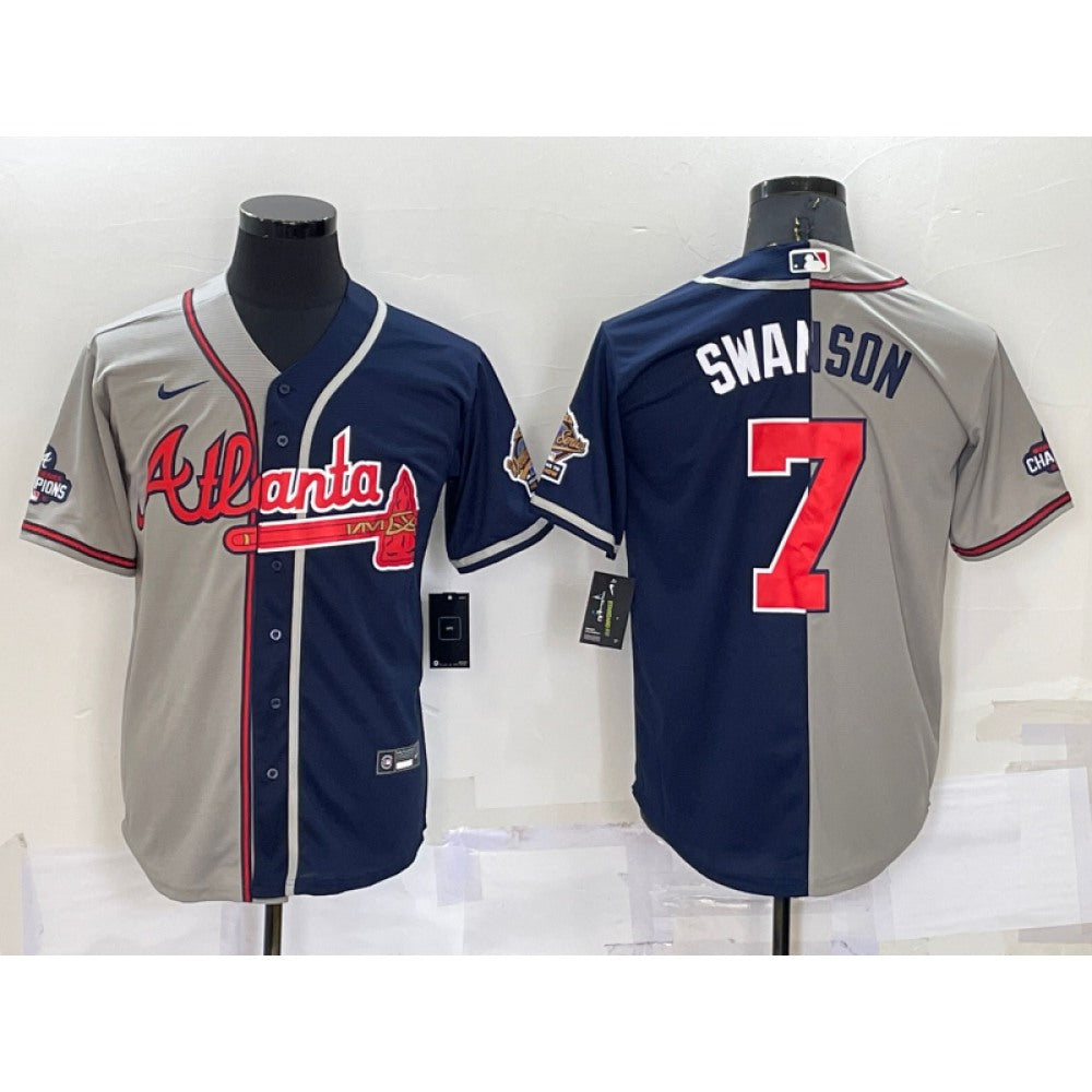 Men's Atlanta Braves #7 Dansby Swanson Gray Navy Two Tone Split Cool Base Stitched Baseball Jersey