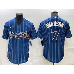 Men's Atlanta Braves #7 Dansby Swanson Navy Cool Base Stitched Baseball Jersey