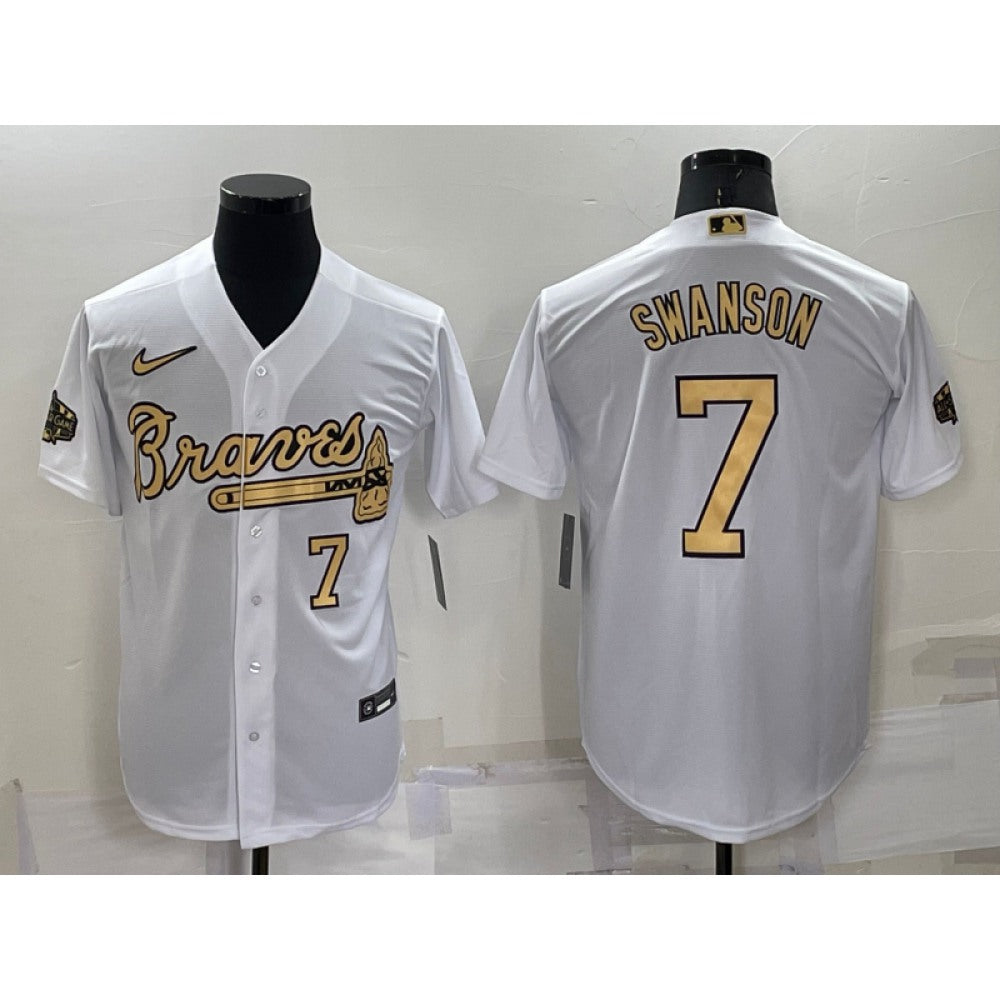 Men's Atlanta Braves #7 Dansby Swanson 2022 All-Star White Cool Base Stitched Baseball Jersey