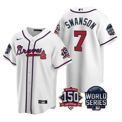 Men's Atlanta Braves #7 Dansby Swanson 2021 White World Series With 150th Anniversary Patch Cool Base Stitched Jersey