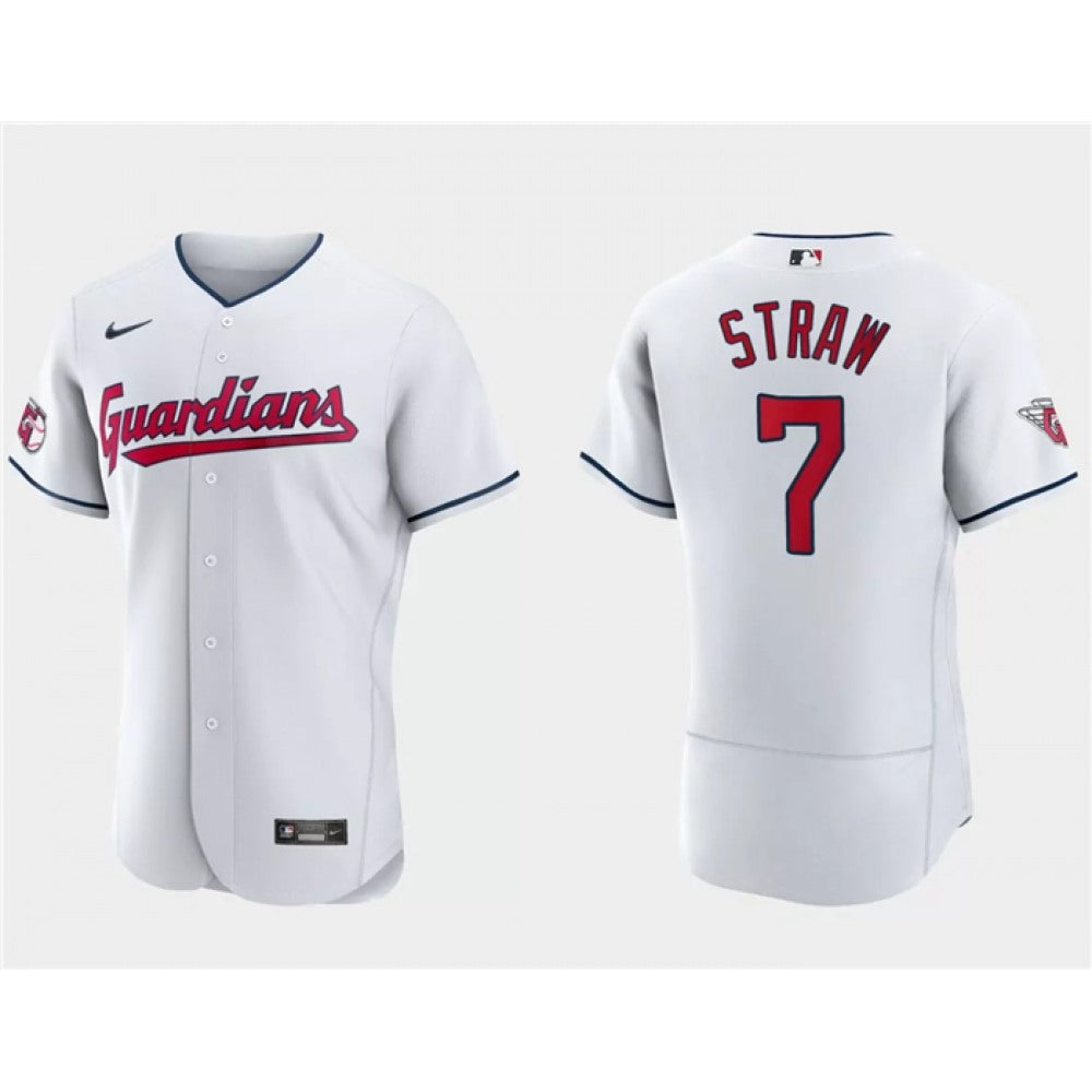 Men's Cleveland Guardians #7 Myles Straw White Flex Base Stitched Jersey
