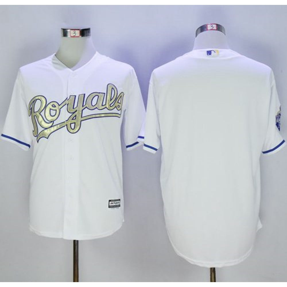 Royals Blank White New Cool Base 2015 World Series Champions Gold Program Stitched MLB Jersey