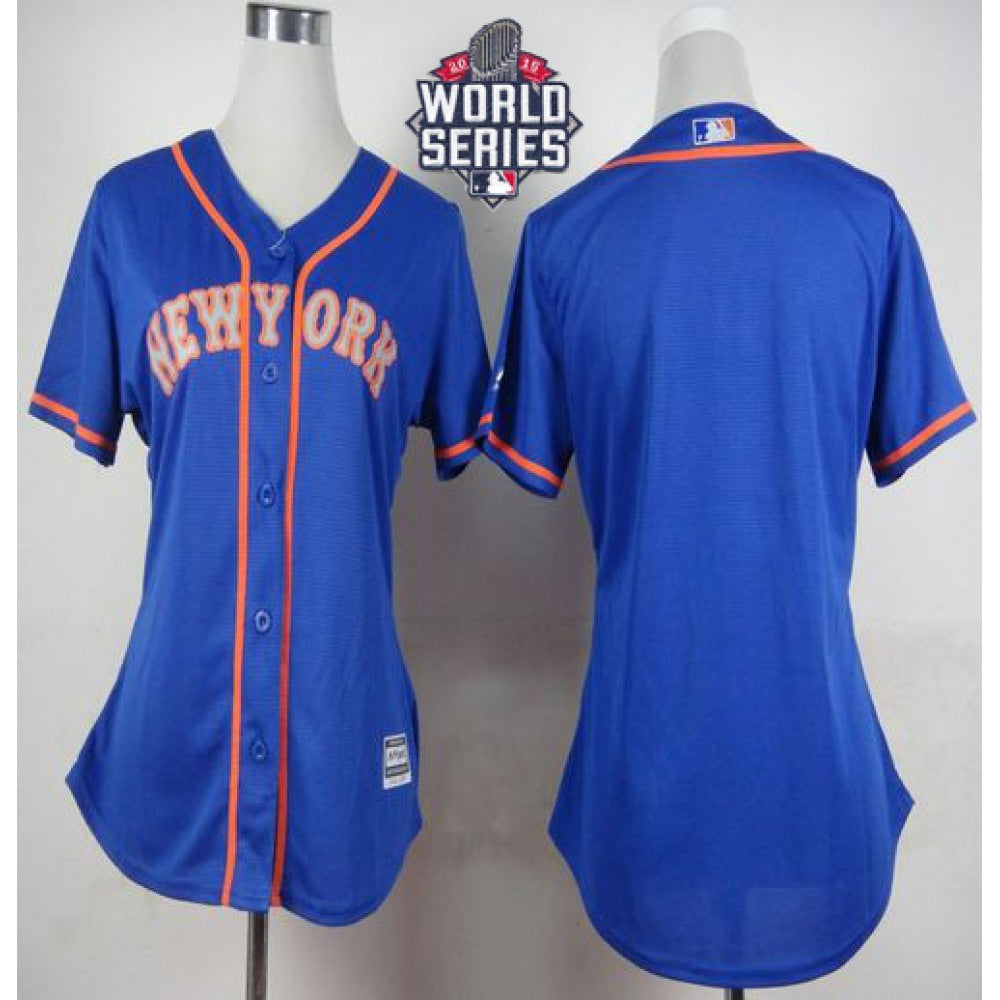 Mets Blank Blue Alternate Road W/2015 World Series Patch Women's Stitched MLB Jersey