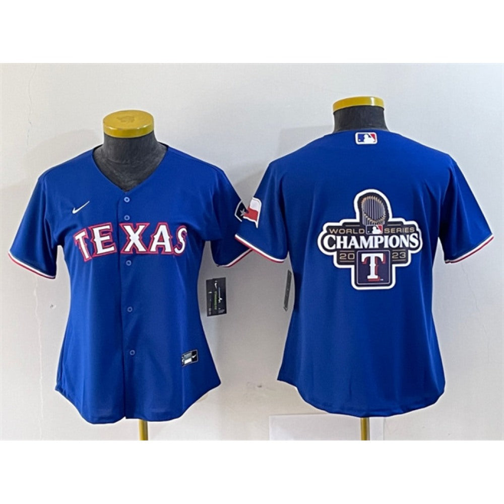 Women's Texas Rangers Royal 2023 World Series Champions Big Logo With Patch Stitched Baseball Jersey(Run Small)
