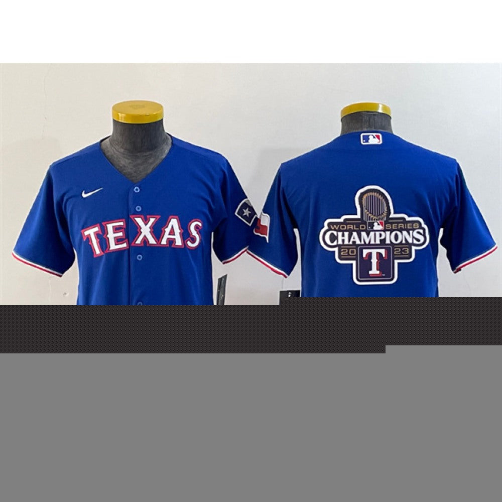 Youth Texas Rangers Royal 2023 World Series Champions Big Logo With Patch Stitched Baseball Jersey