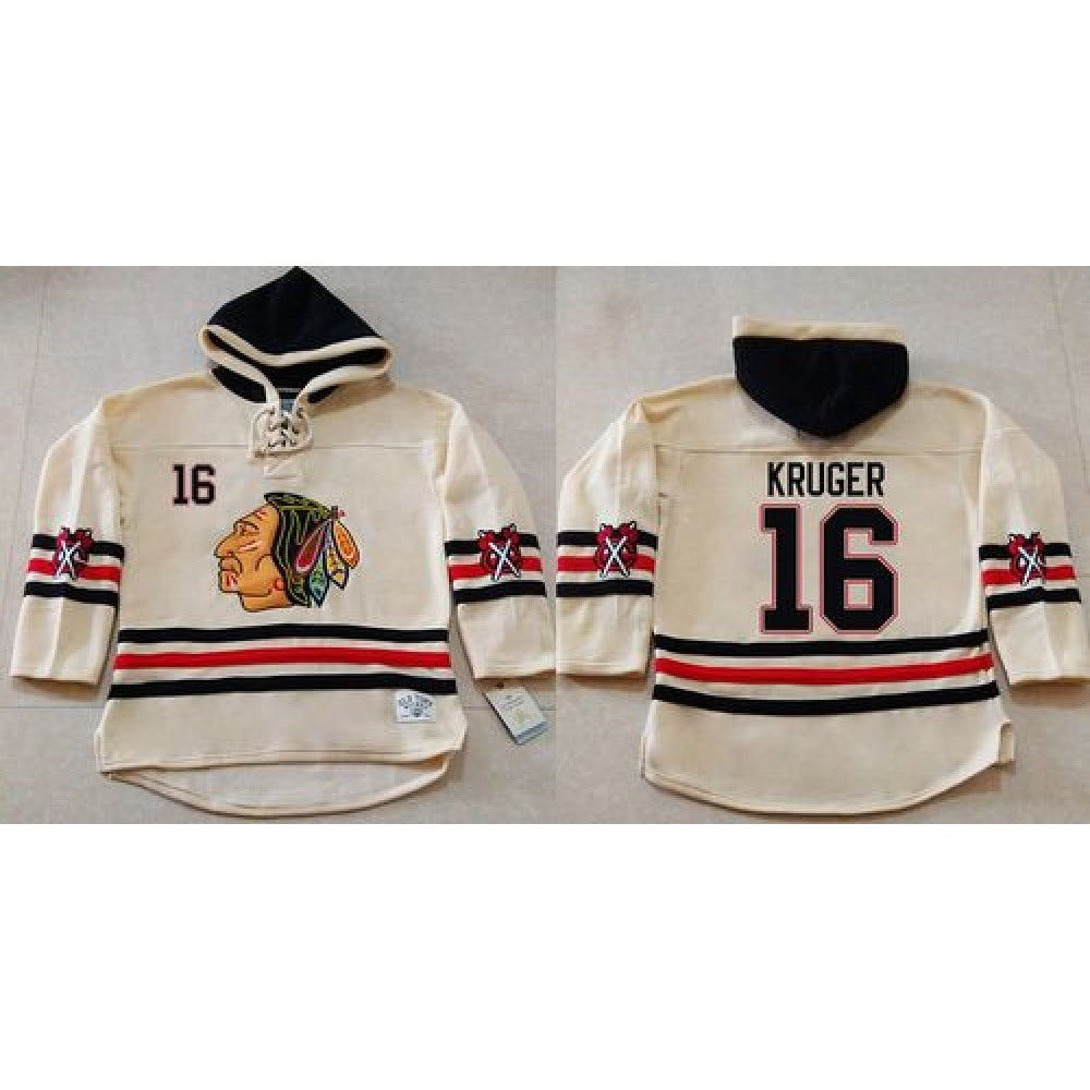 Blackhawks #16 Marcus Kruger Cream Heavyweight Pullover Hoodie Stitched NHL Jersey