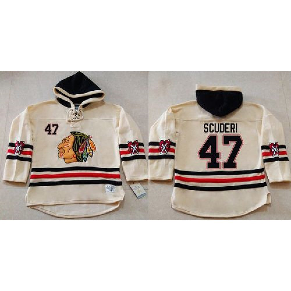 Blackhawks #47 Rob Scuderi Cream Heavyweight Pullover Hoodie Stitched NHL Jersey