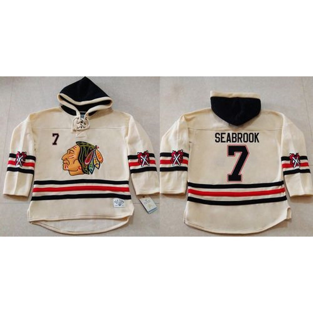 Blackhawks #7 Brent Seabrook Cream Heavyweight Pullover Hoodie Stitched NHL Jersey