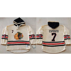 Blackhawks #7 Tony Esposito Cream Heavyweight Pullover Hoodie Stitched NHL Jersey