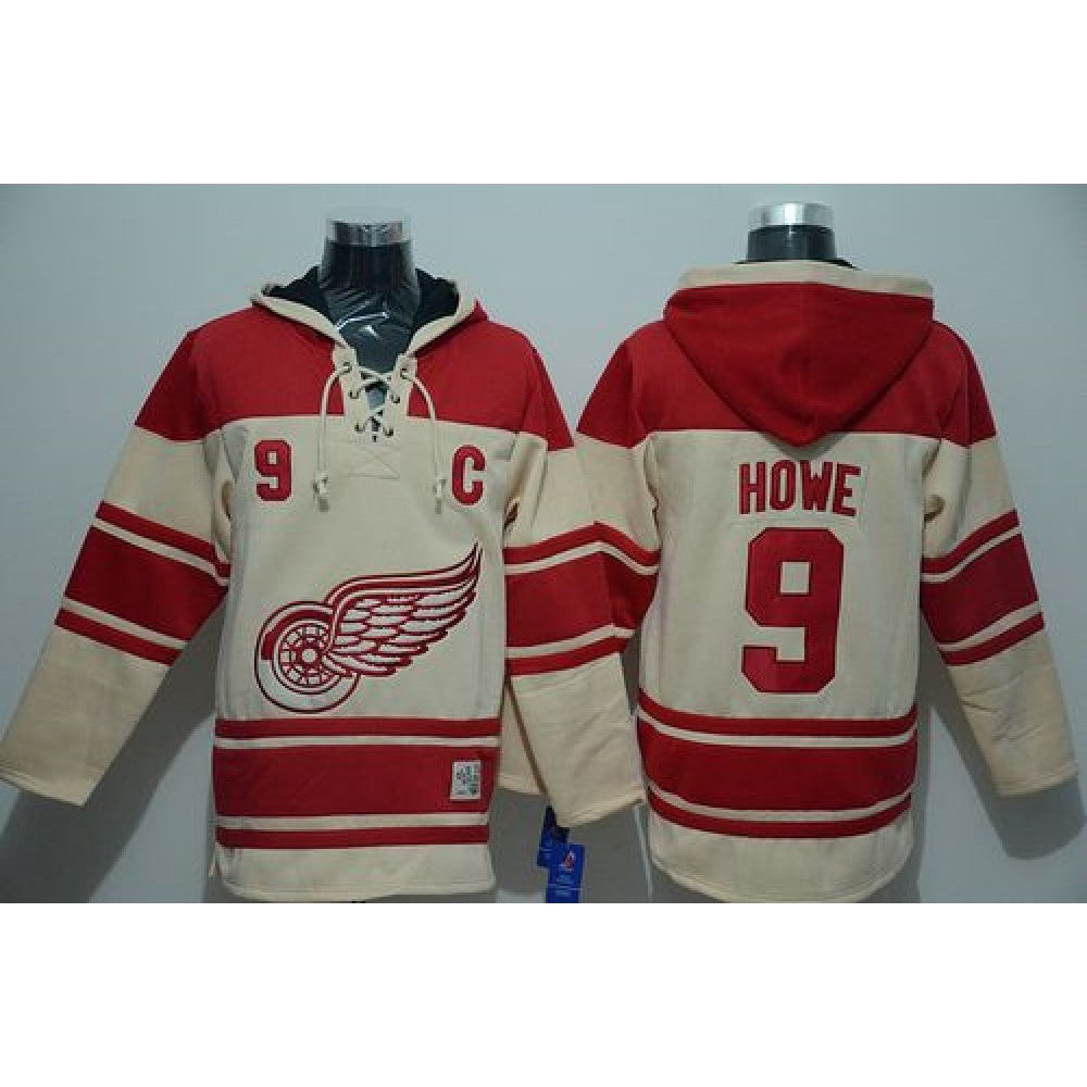 Red Wings #9 Gordie Howe Cream Sawyer Hooded Sweatshirt Stitched NHL Jersey