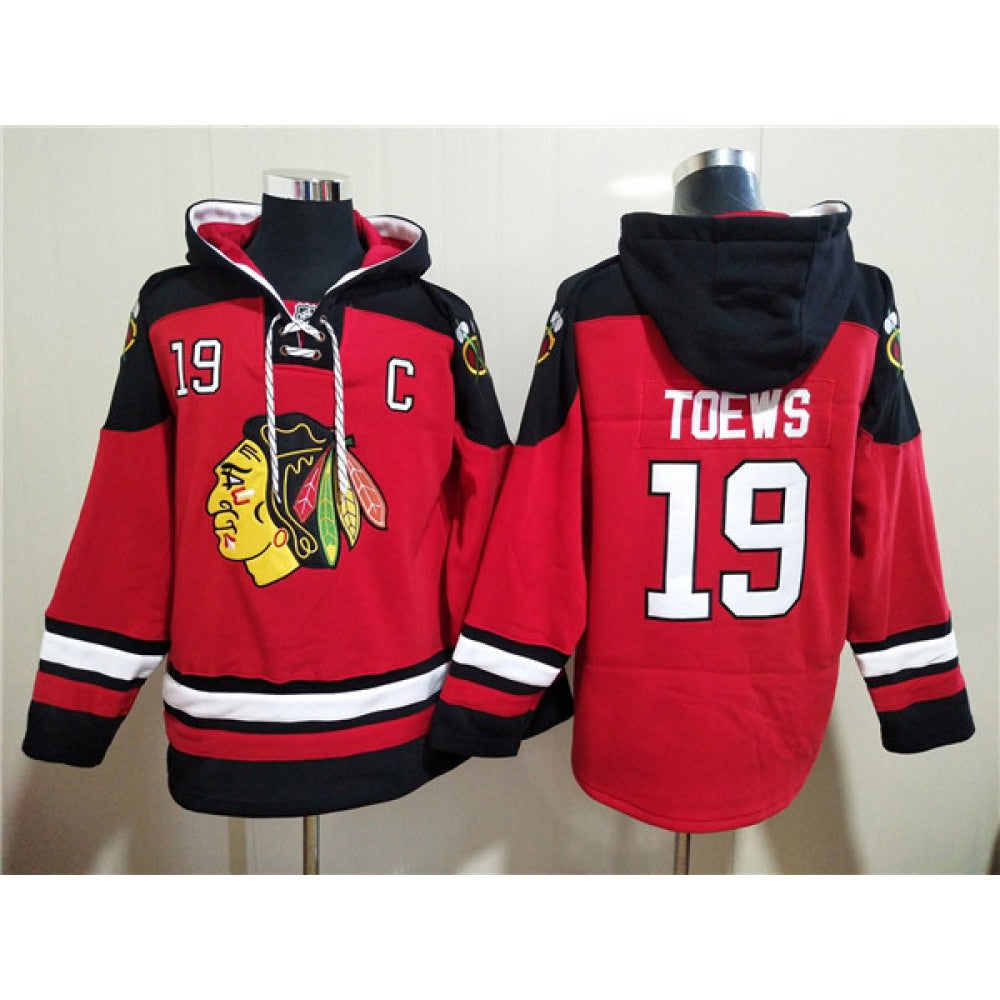 Men's Chicago Blackhawks #19 Jonathan Toews Red Ageless Must-Have Lace-Up Pullover Hoodie