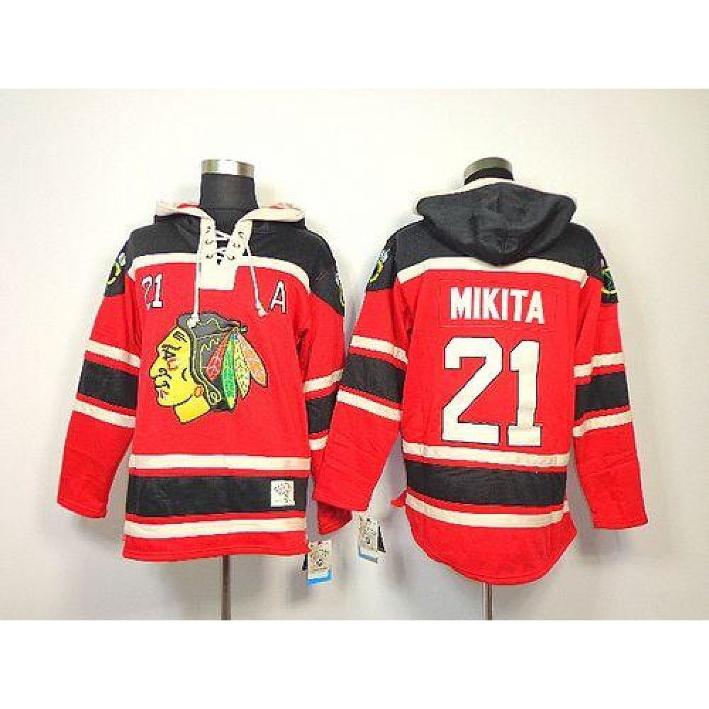 Blackhawks #21 Stan Mikita Red Sawyer Hooded Sweatshirt Stitched NHL Jersey