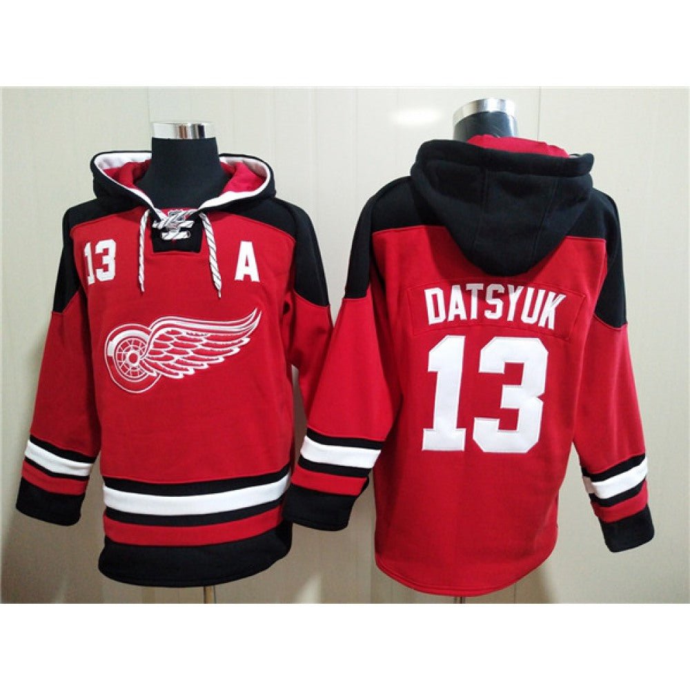 Men's Detroit Red Wings #13 Pavel Datsyuk Red Ageless Must-Have Lace-Up Pullover Hoodie