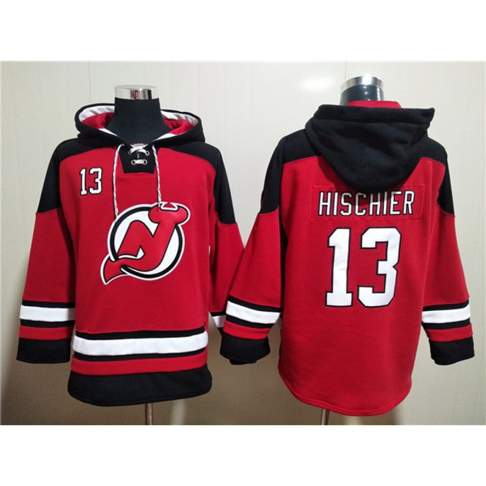 Men's New Jersey Devils #13 Nico Hischier Red Ageless Must-Have Lace-Up Pullover Hoodie