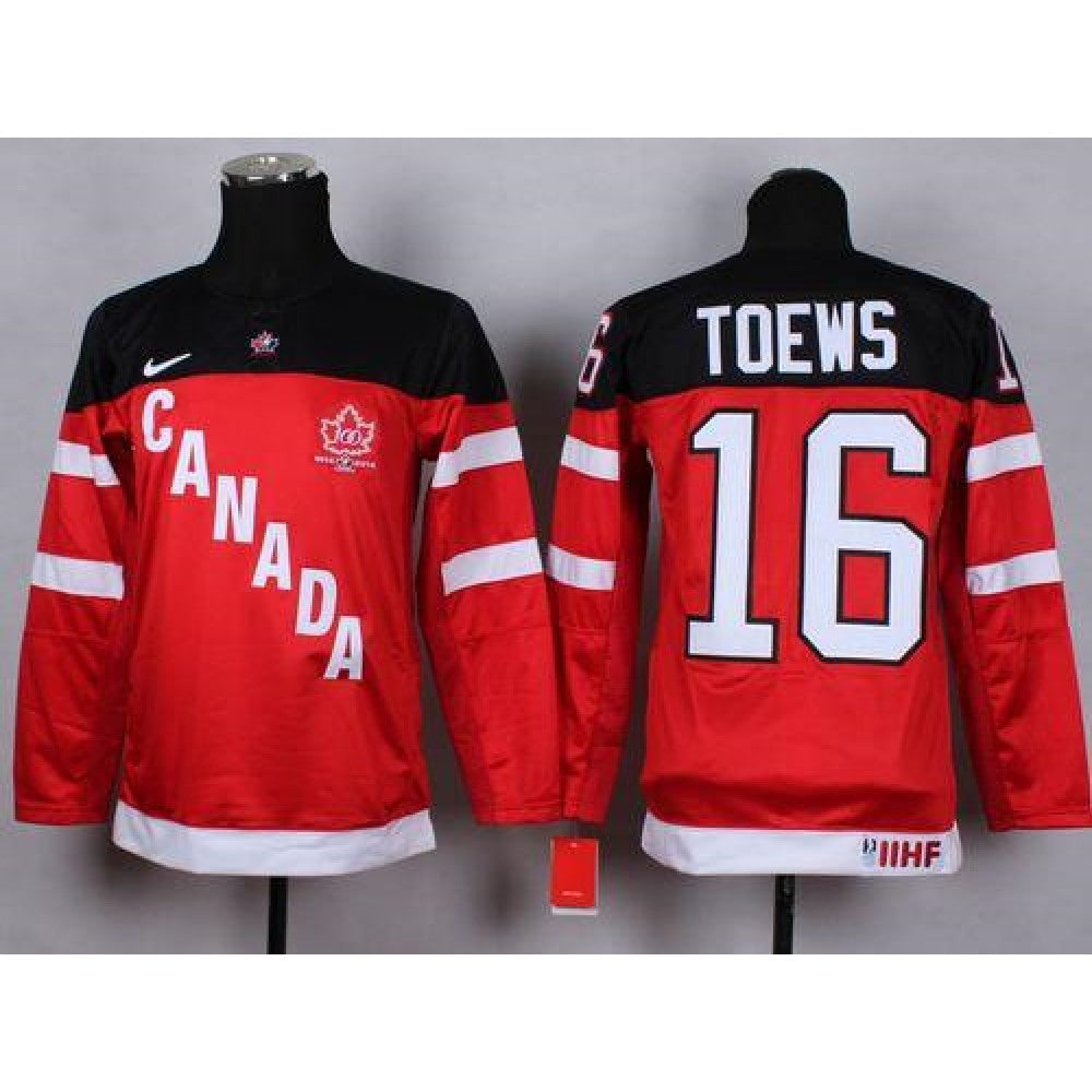 Team Canada #16 Jonathan Toews Red 100th Anniversary Stitched Youth NHL Jersey