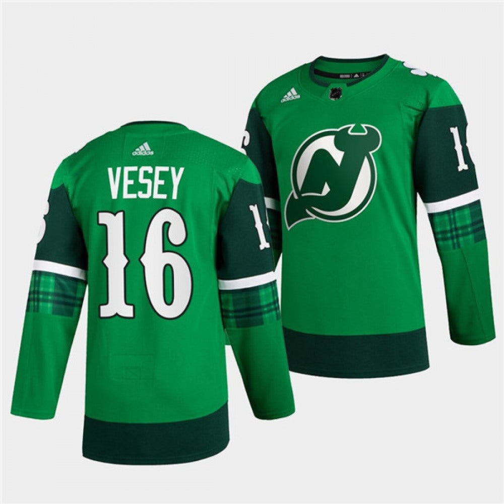 Men's New Jersey Devils #16 Jimmy Vesey Green Warm-Up St Patricks Day Stitched Jersey