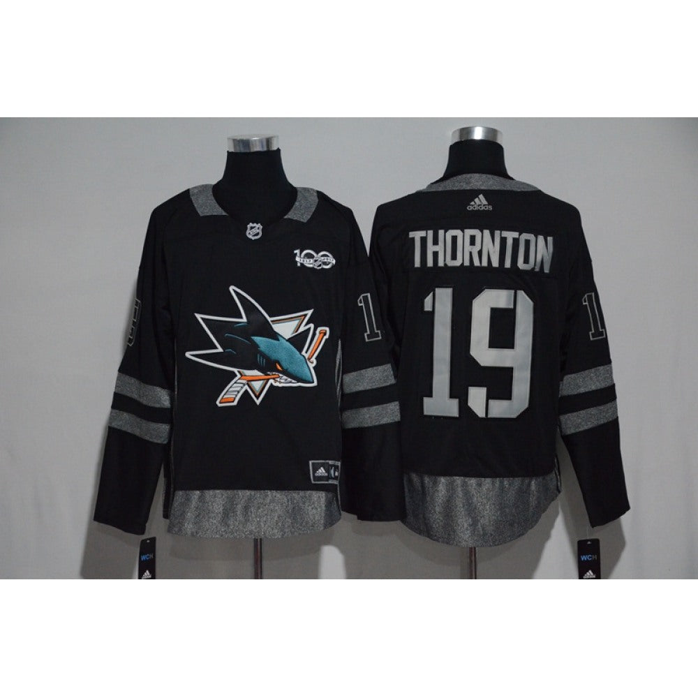 San Jose Sharks #19 Joe Thornton Black Men's 1917-2017 100th Anniversary Stitched NHL Jersey