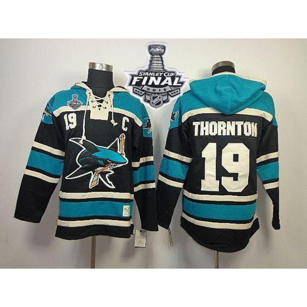 Sharks #19 Joe Thornton Black Sawyer Hooded Sweatshirt 2016 Stanley Cup Final Patch Stitched NHL Jersey