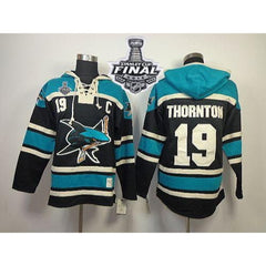 Sharks #19 Joe Thornton Black Sawyer Hooded Sweatshirt 2016 Stanley Cup Final Patch Stitched NHL Jersey