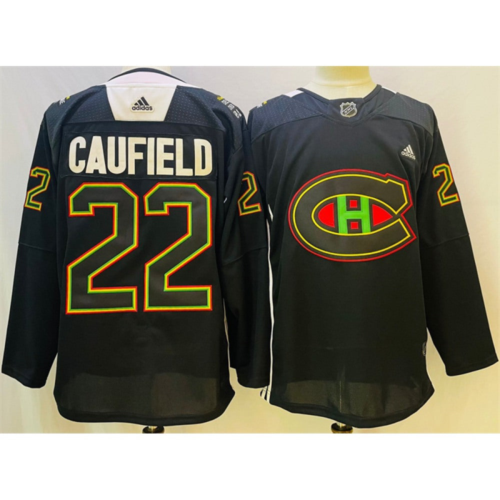 Men's Montreal Canadiens #22 Cole Caufield 2022 Black Warm Up History Night Stitched Jersey