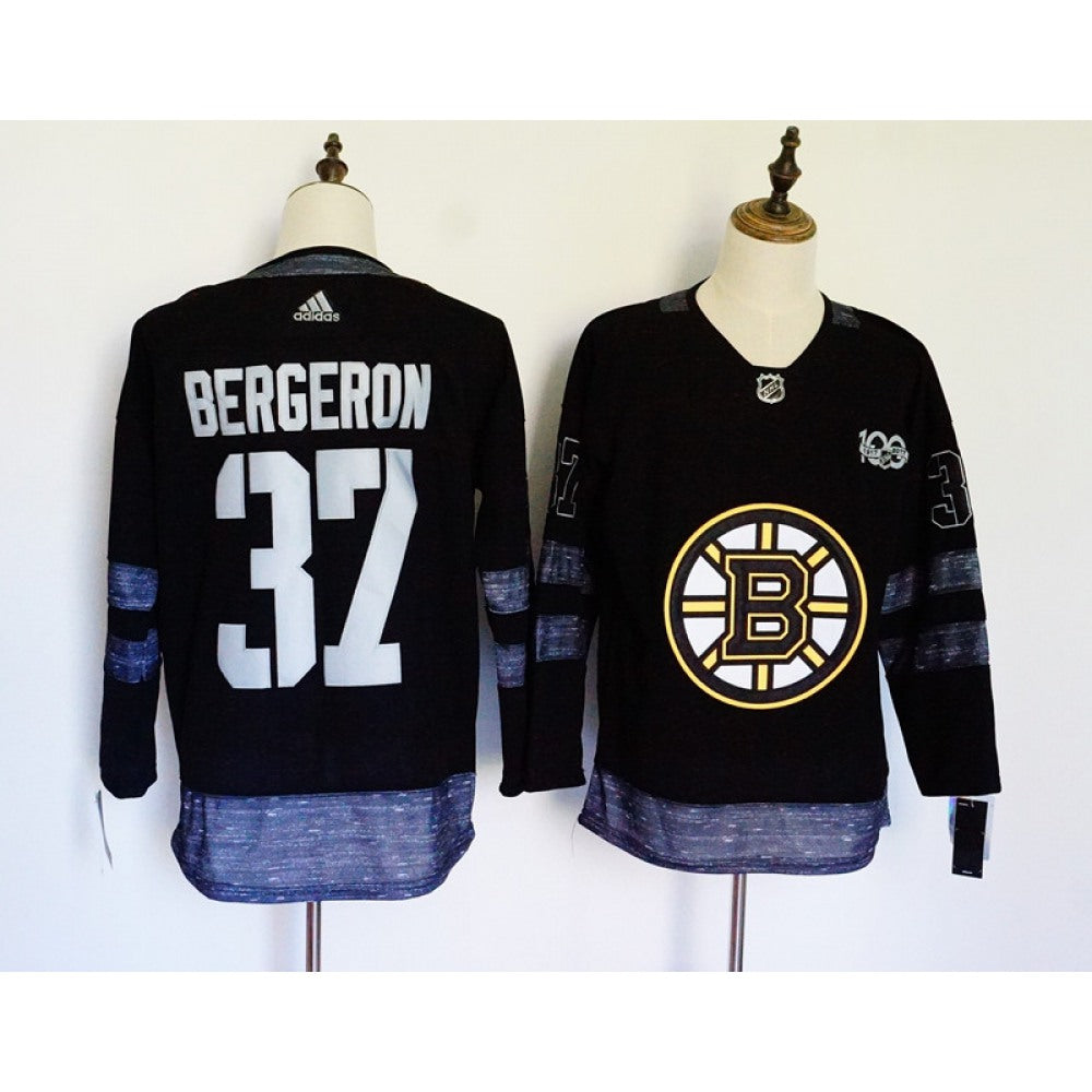 Men's Boston Bruins #37 Patrice Bergeron Black 1917-2017 100th Anniversary Stitched NHL Jersey