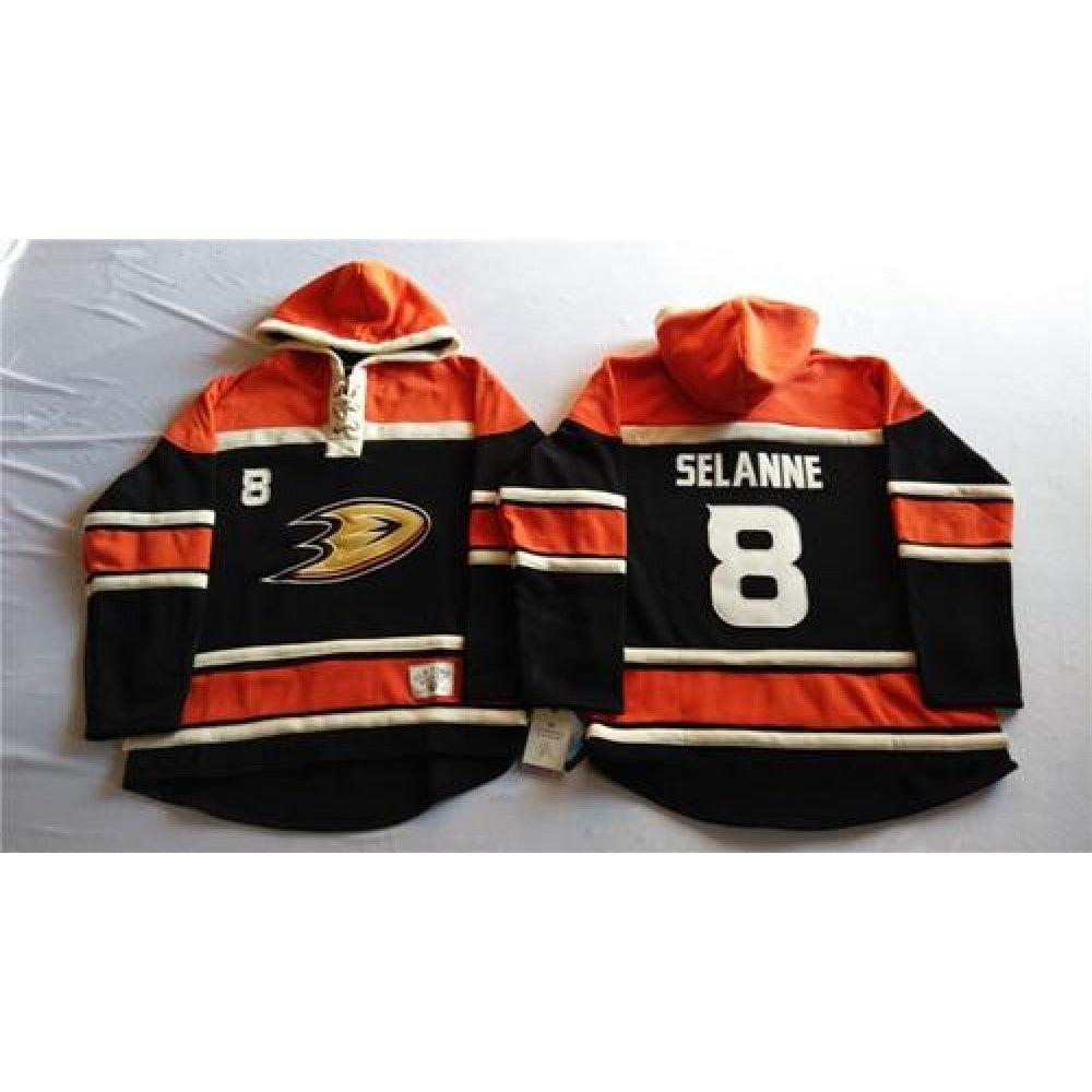 Ducks #8 Teemu Selanne Black Sawyer Hooded Sweatshirt Stitched NHL Jersey