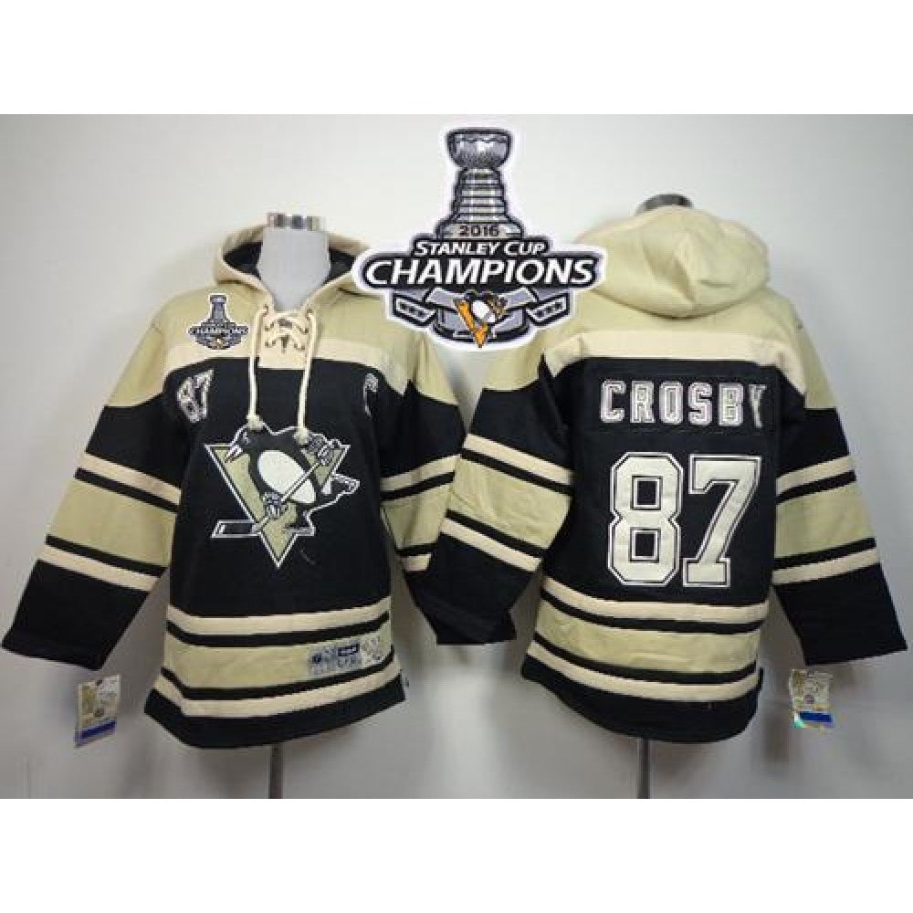 Penguins #87 Sidney Crosby Black Sawyer Hooded Sweatshirt 2016 Stanley Cup Champions Stitched Youth NHL Jersey