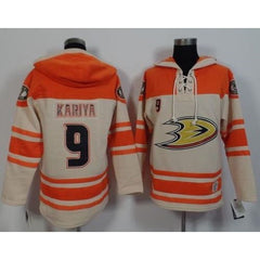 Ducks #9 Paul Kariya Cream/Orange Sawyer Hooded Sweatshirt Stitched NHL Jersey
