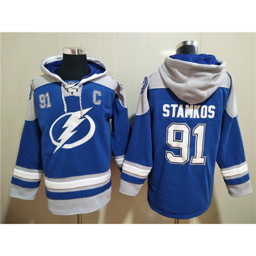Men's Tampa Bay Lightning #91 Steven Stamkos Blue Ageless Must-Have Lace-Up Pullover Hoodie