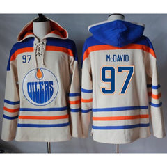 Oilers #97 Connor McDavid Cream Sawyer Hooded Sweatshirt Stitched NHL Jersey