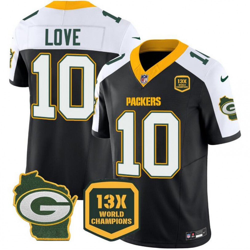 Men's Green Bay Packers #10 Jordan Love Black/White 2023 F.U.S.E. Home Patch 13 Time World Champions Vapor Untouchable Limited Stitched Jersey 