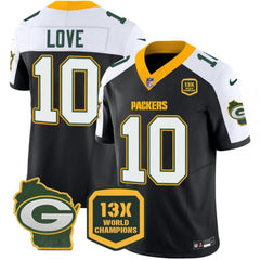 Men's Green Bay Packers #10 Jordan Love Black/White 2023 F.U.S.E. Home Patch 13 Time World Champions Vapor Untouchable Limited Stitched Jersey 