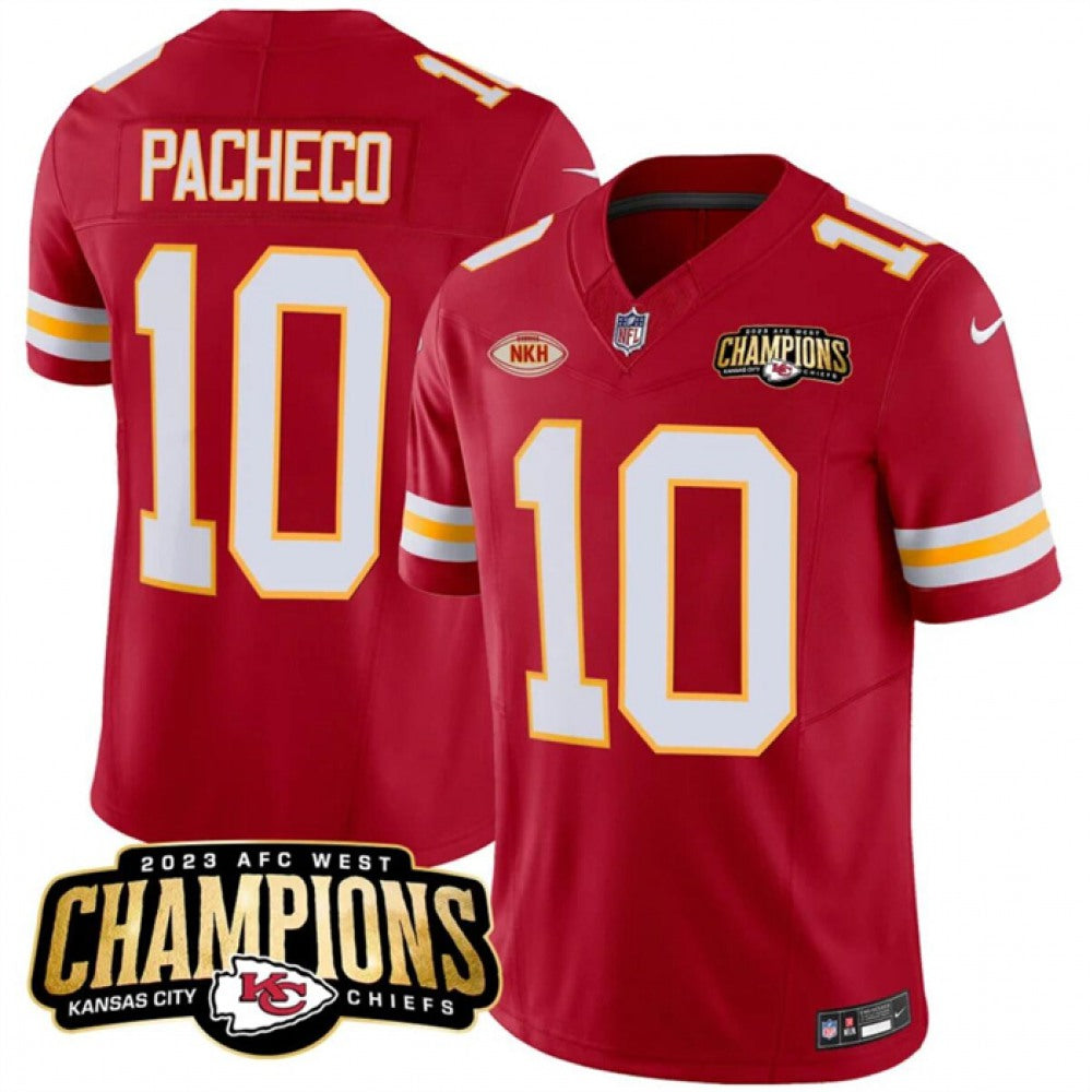 Men's Kansas City Chiefs #10 Isiah Pacheco Red 2023 F.U.S.E. AFC West Champions With "NKH" Patch Vapor Untouchable Limited Stitched Jersey 