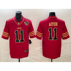 Men's San Francisco 49ers #11 Brandon Aiyuk Red Gold With 75th Anniversary Patch Stitched Jersey 