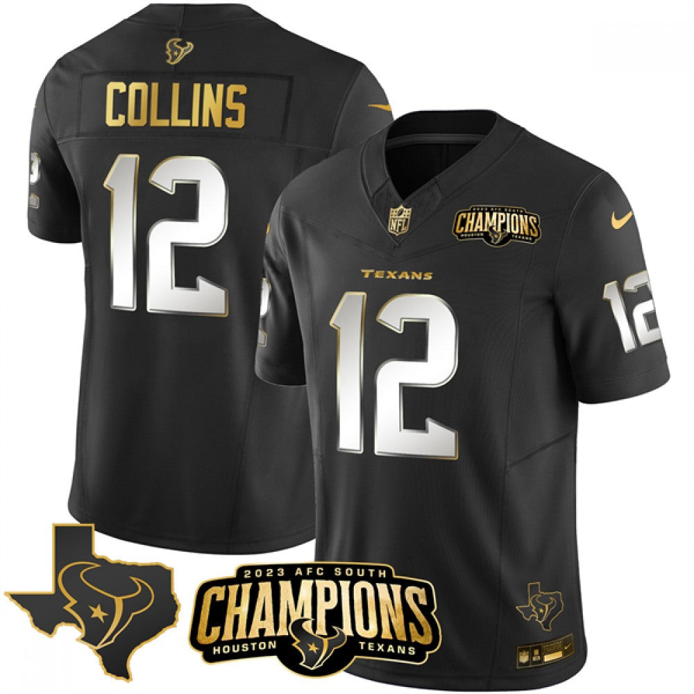 Men's Houston Texans #12 Nico Collins Black Golden 2023 F.U.S.E. With AFC South Champions Patch And Team Logo Patch Limited Stitched Football Jersey 