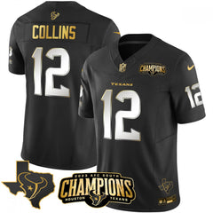 Men's Houston Texans #12 Nico Collins Black Golden 2023 F.U.S.E. With AFC South Champions Patch And Team Logo Patch Limited Stitched Football Jersey 