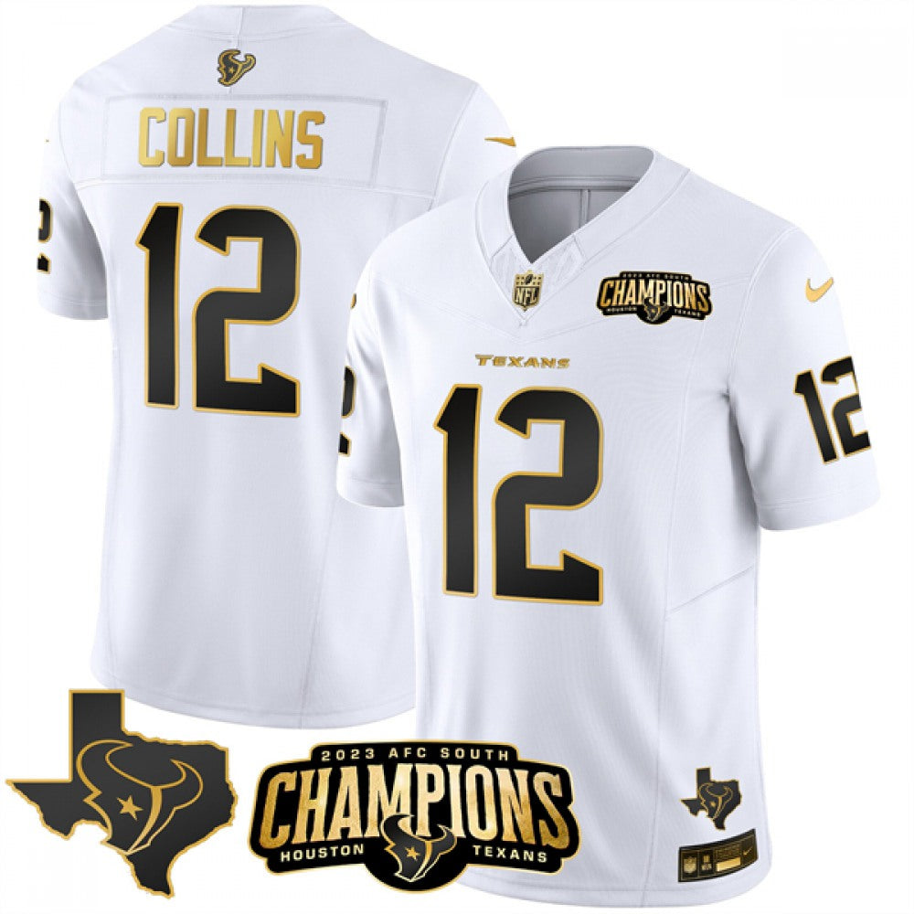 Men's Houston Texans #12 Nico Collins White Golden 2023 F.U.S.E. With AFC South Champions Patch And Team Logo Patch Limited Stitched Football Jersey 