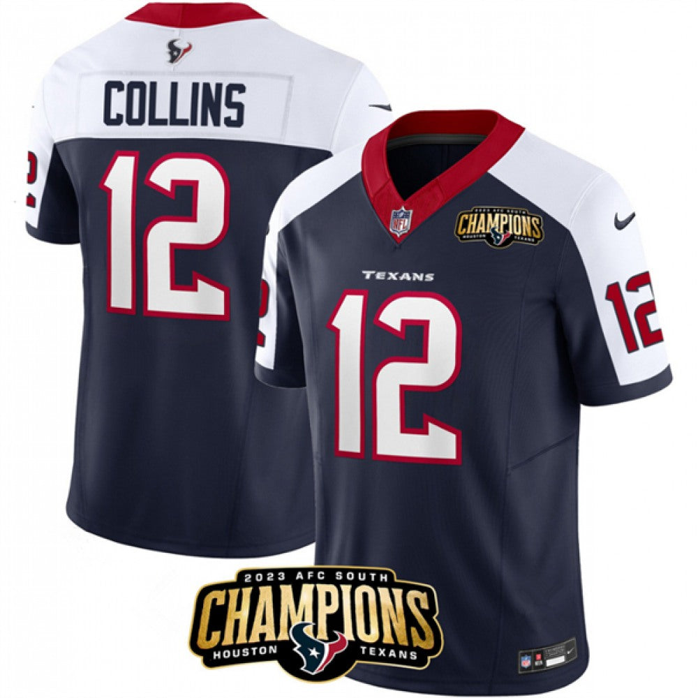 Men's Houston Texans #12 Nico Collins Navy/White 2023 F.U.S.E. AFC South Champions Patch Limited Stitched Football Jersey 