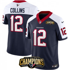 Men's Houston Texans #12 Nico Collins Navy/White 2023 F.U.S.E. AFC South Champions Patch Limited Stitched Football Jersey 