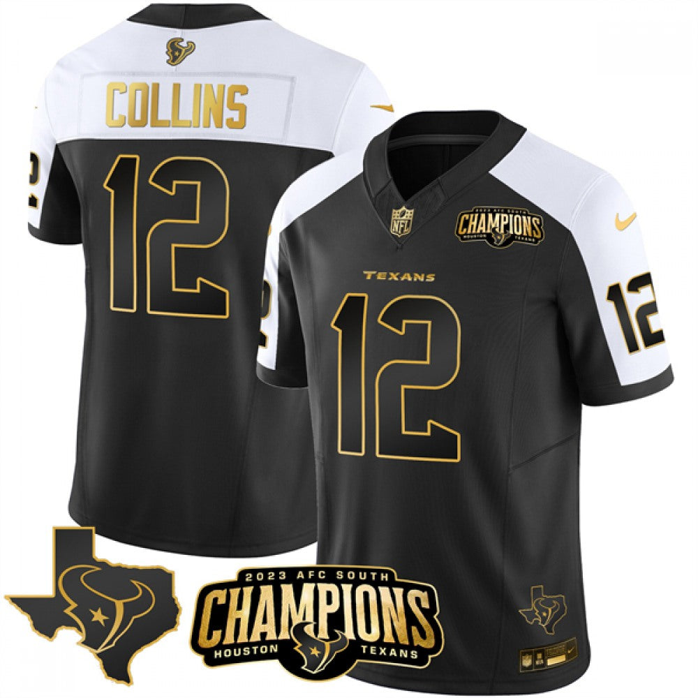 Men's Houston Texans #12 Nico Collins Black/White Golden 2023 F.U.S.E. With AFC South Champions Patch And Team Logo Patch Limited Stitched Football Jersey 